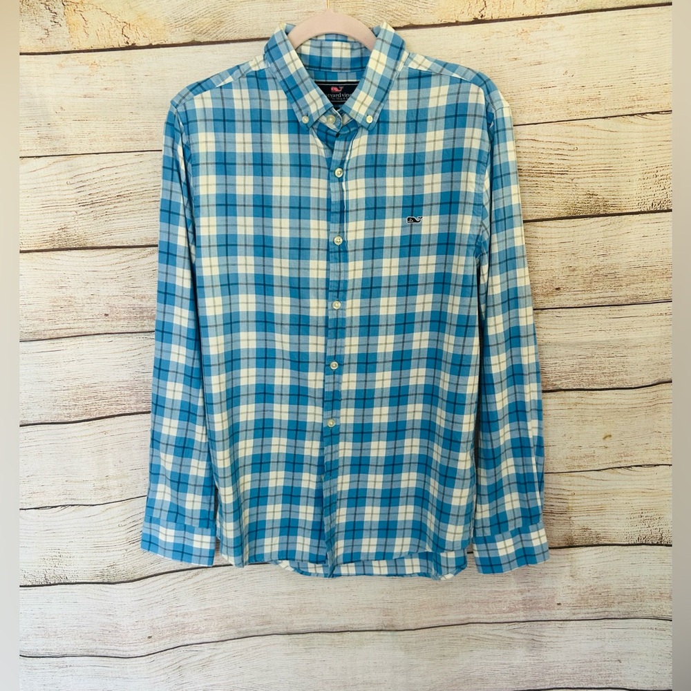 Vineyard Vines Men’s Blue White Slim Fit Whale Plaid Long Sleeve Button Shirt